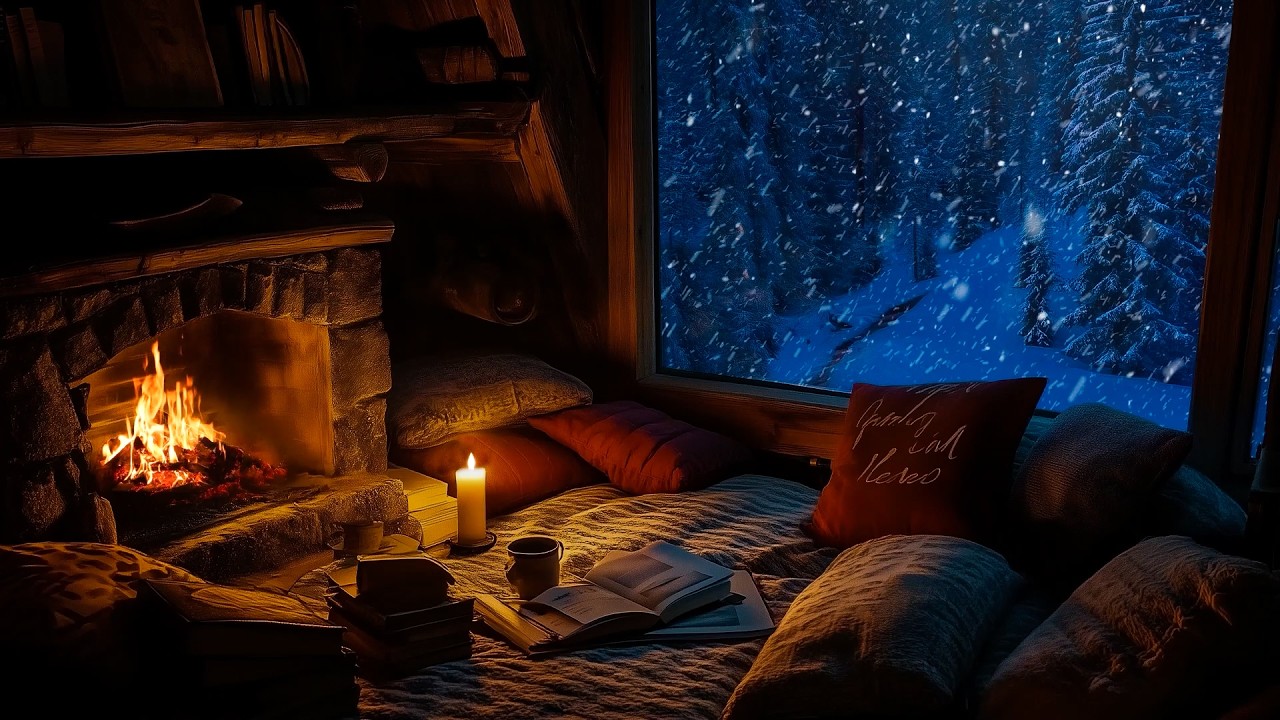 🔥 Cozy Cabin Ambience | Winter Storm Outside with Blizzard Sounds and Fireplace for Relaxing