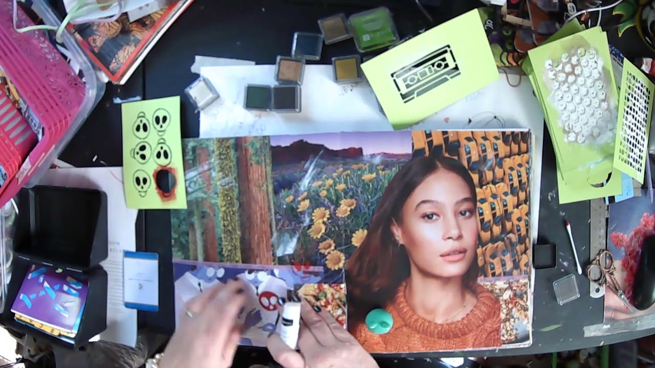 playing with stencil and ink in a magazine journal