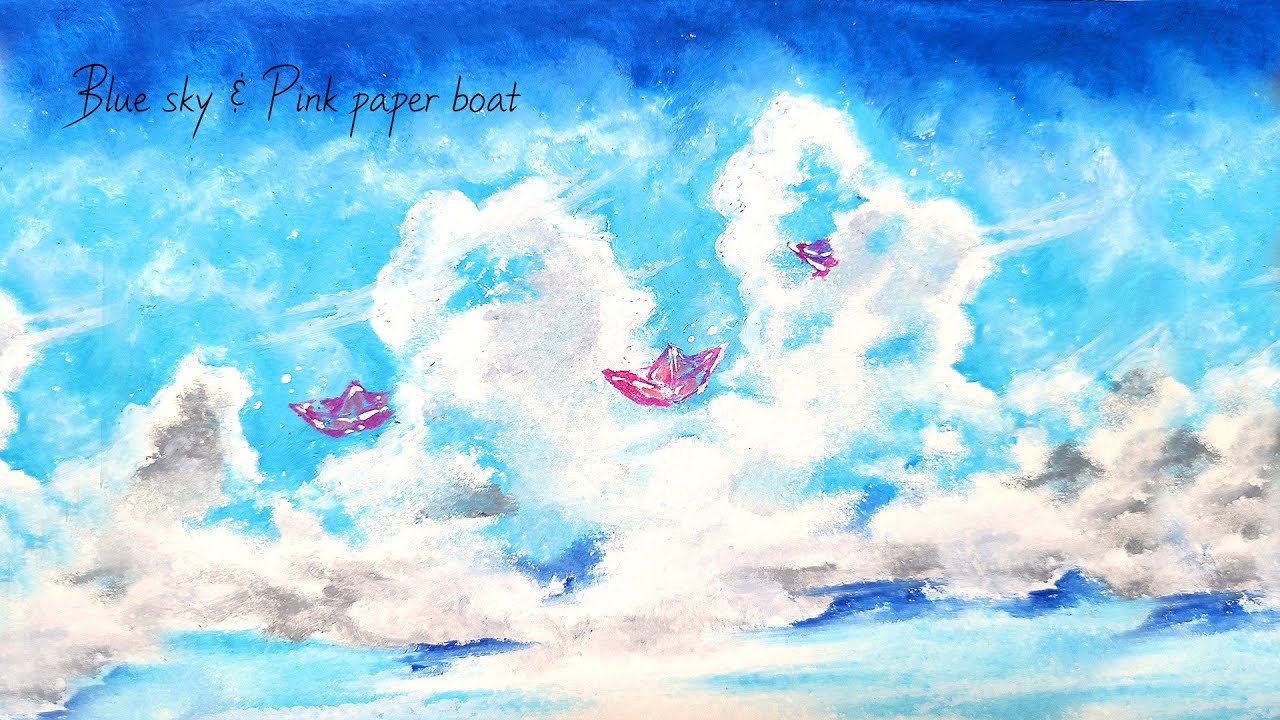 Oil pastel drawing, Blue sky and Pink paper boat, healing art