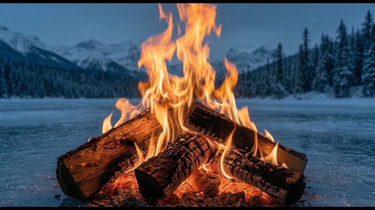 4K Campfire on a Frozen Lake 🔥 Winter Night Fire Ambience for Deep Sleep & Relaxation