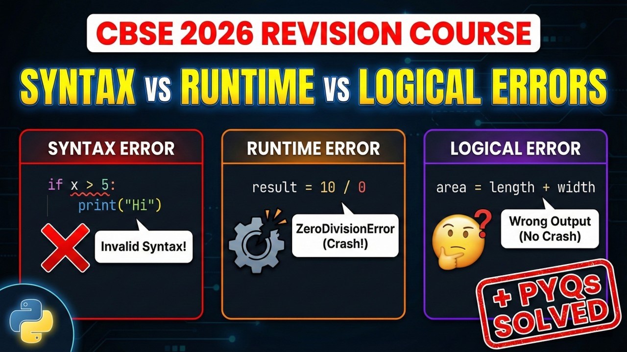 Errors in Python: Syntax, Runtime & Logical + PYQs | Class 12 CS CBSE 2026 Revision Series