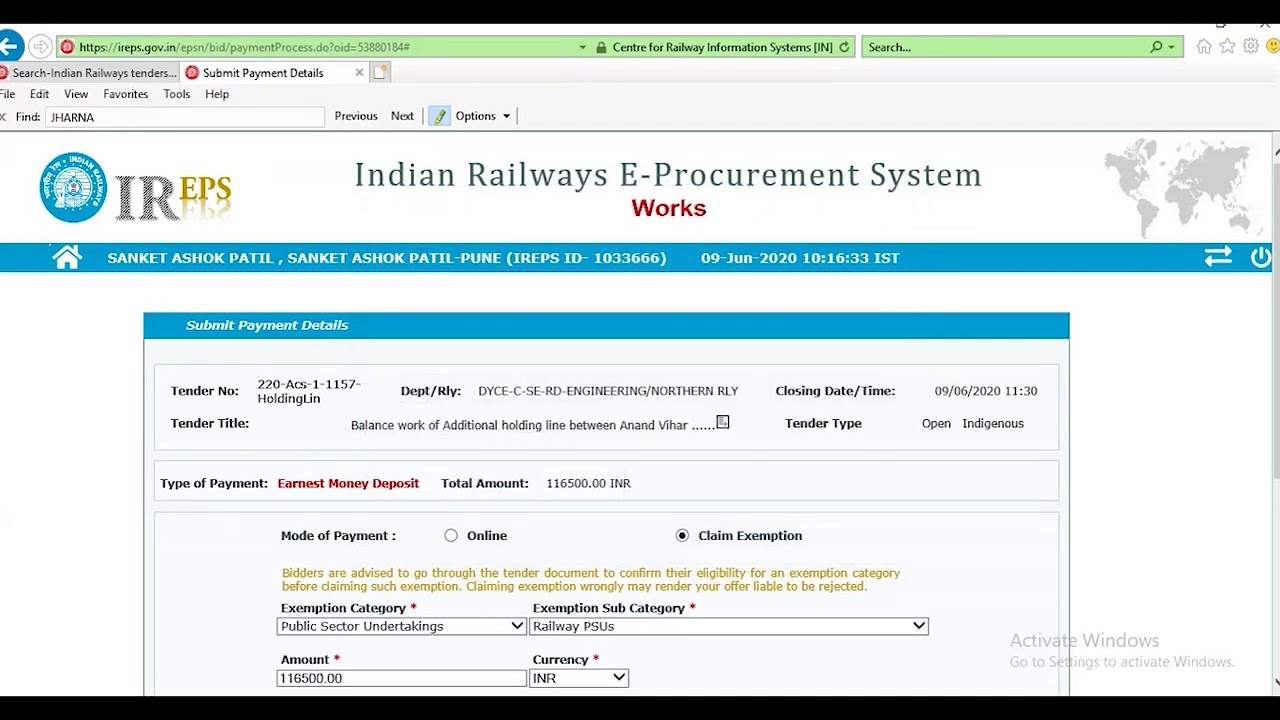 Indian Railways tender filling process on IREPS