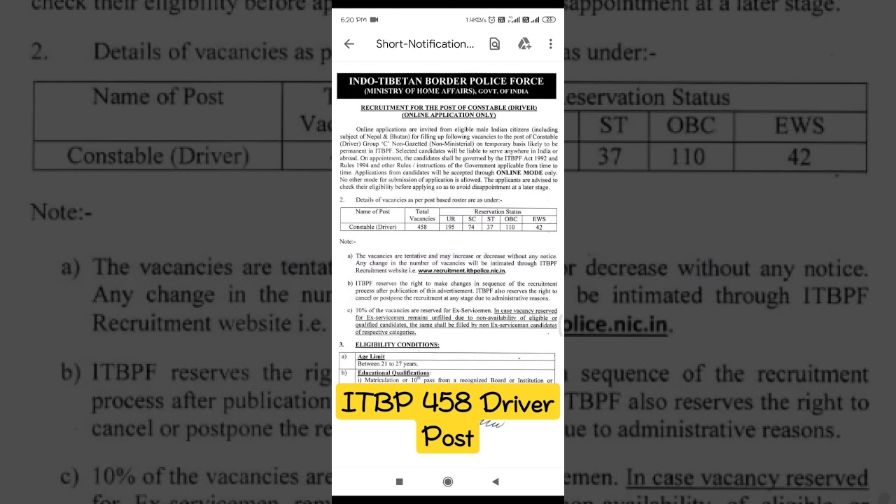 ITBP Driver 458 post requirement || ITBP new requirement || Driver post || etc #study #sscgd