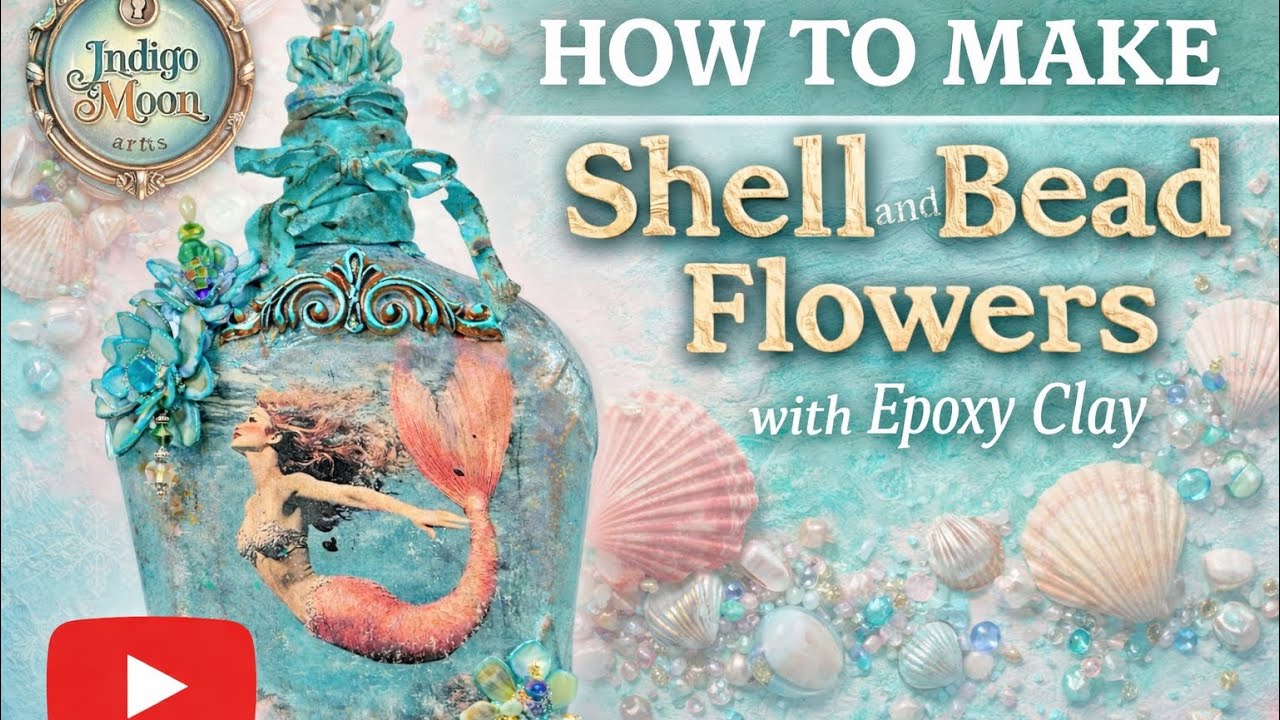 Easy Beginner Friendly | Shell & Bead Flowers with Epoxy Clay  Art Bottle DIY Tutorial #decoupage