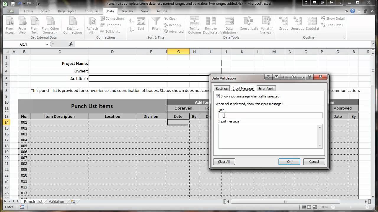 Excel 2010 Construction Punch List - Part IV - Data Validation