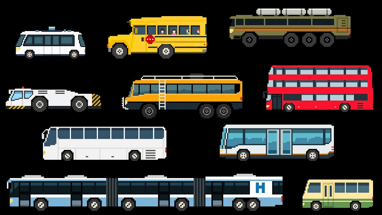 Buses 5: School Bus, Triple Decker & Articulated Bus | Pixel Art
