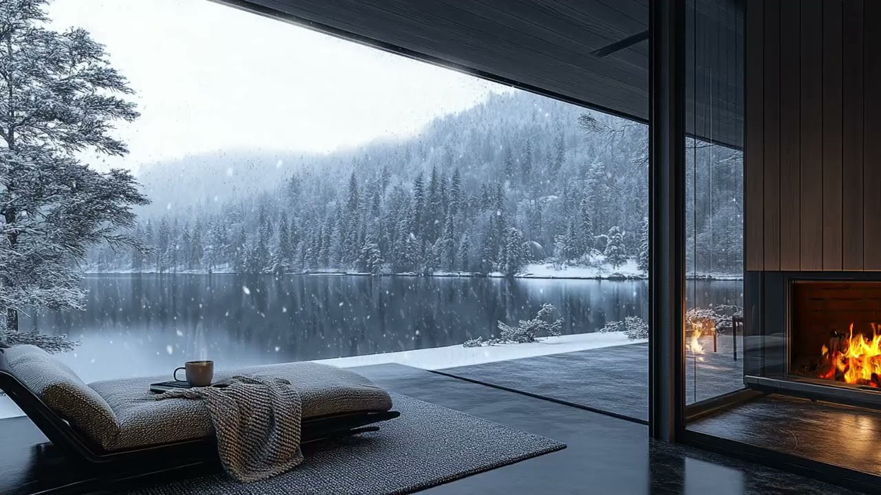 Koselig norsk vinternatt med peisild og snøfall sett gjennom stort vindu