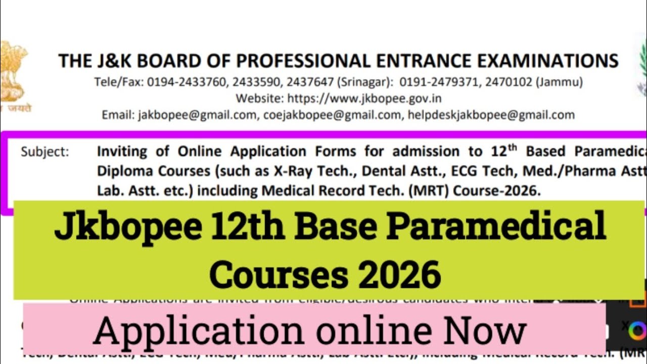 Jkbopee 12th Base Paramedical 2026|| Application Form start Apply now 
