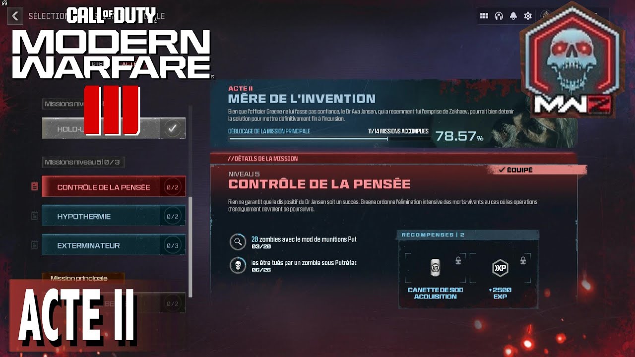 CONTRÔLE DE PENSÉE NIVEAU 5 ACTE 2 MÈRE DE L'INVENTION MODE ZOMBIE CALL OF DUTY MODERN WARFARE 3
