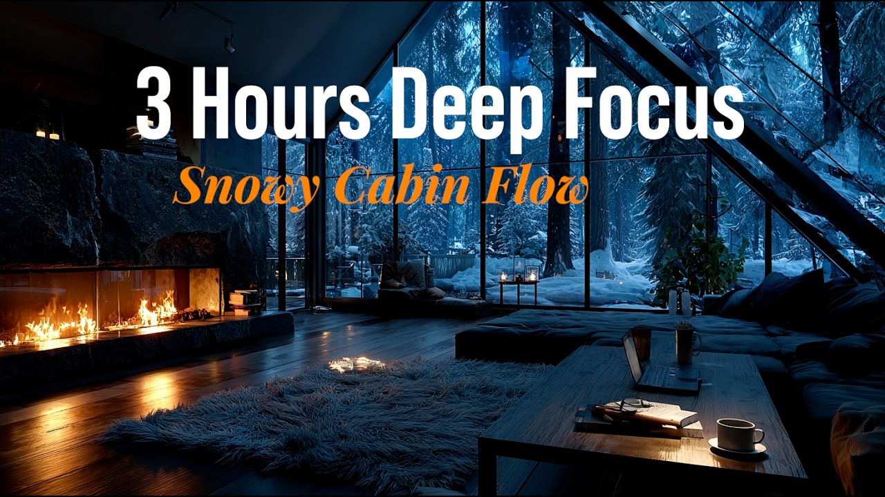 Snowy Cabin Fireplace | Deep Ambient Focus | 3hr No Distractions Flow