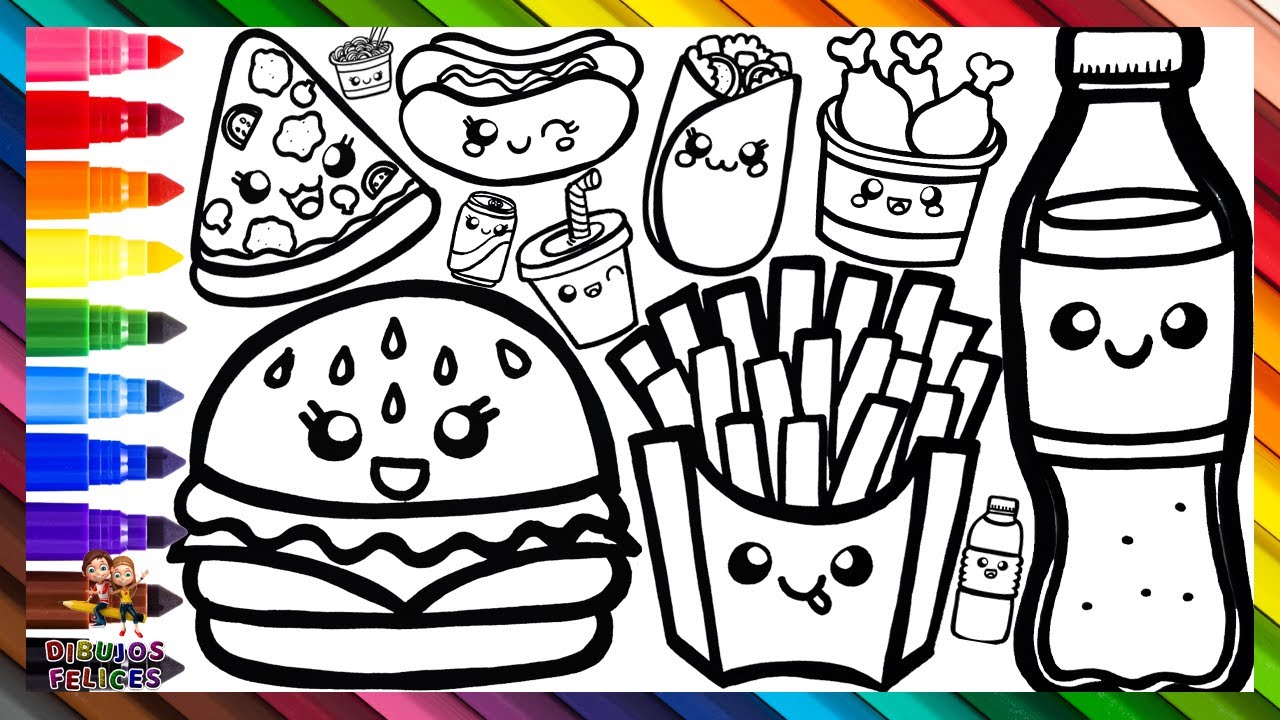 Dibuja y Colorea Comida Rapida 🍔🥤🌭🍕🌯🍗🍝 Dibujo De Hamburguesa, Pizza Y Más 🌈 Dibujos Para Niños