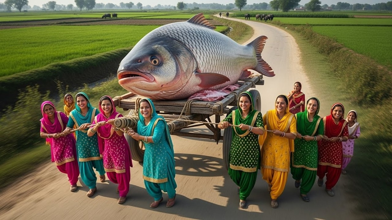 Miniature Punjabi Women Cooking Giant Fish 🐟 | Village Seafood Feast