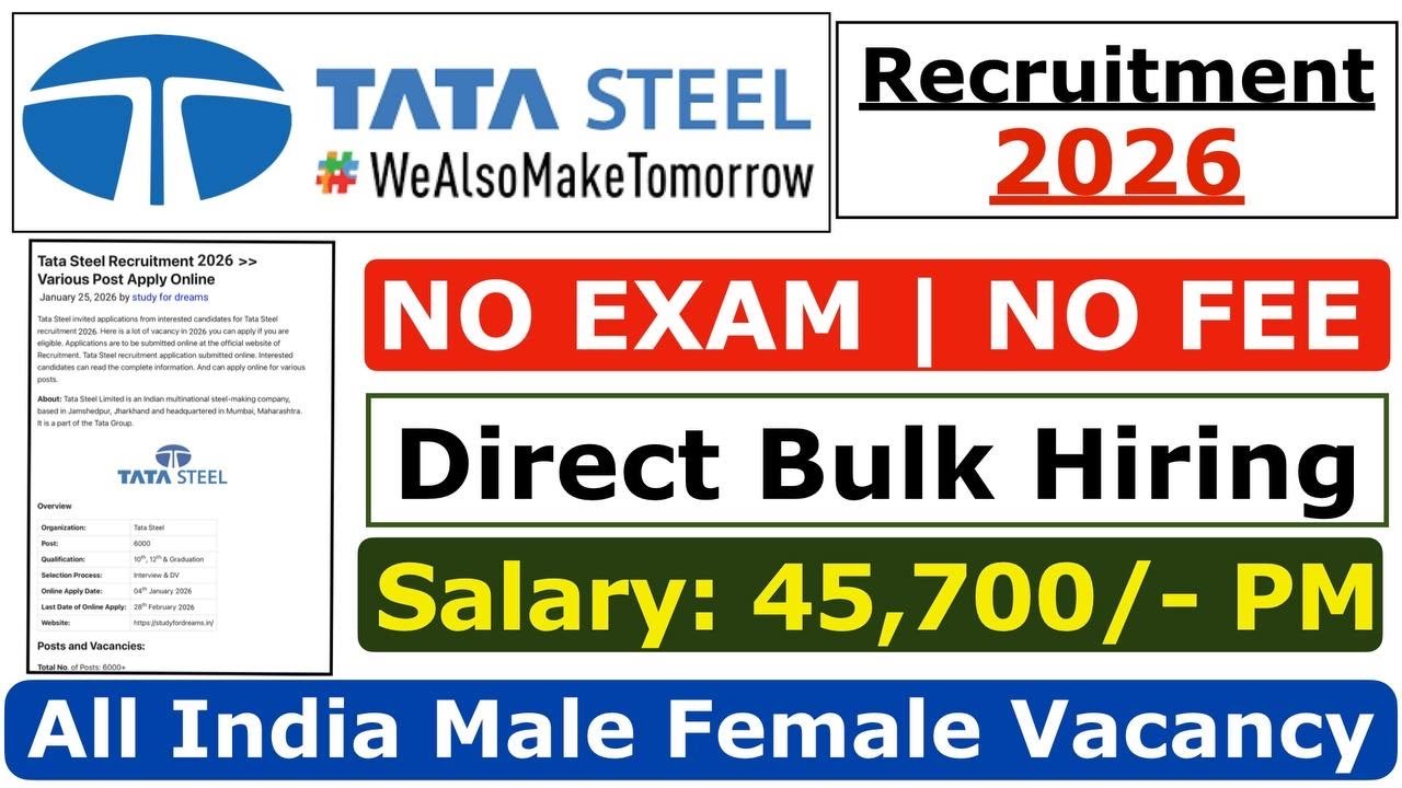 Tata Steel Recruitment 2026 | Tata Steel Hiring 2026 | Tata Steel Job Vacancy 2026 | Freshers Job