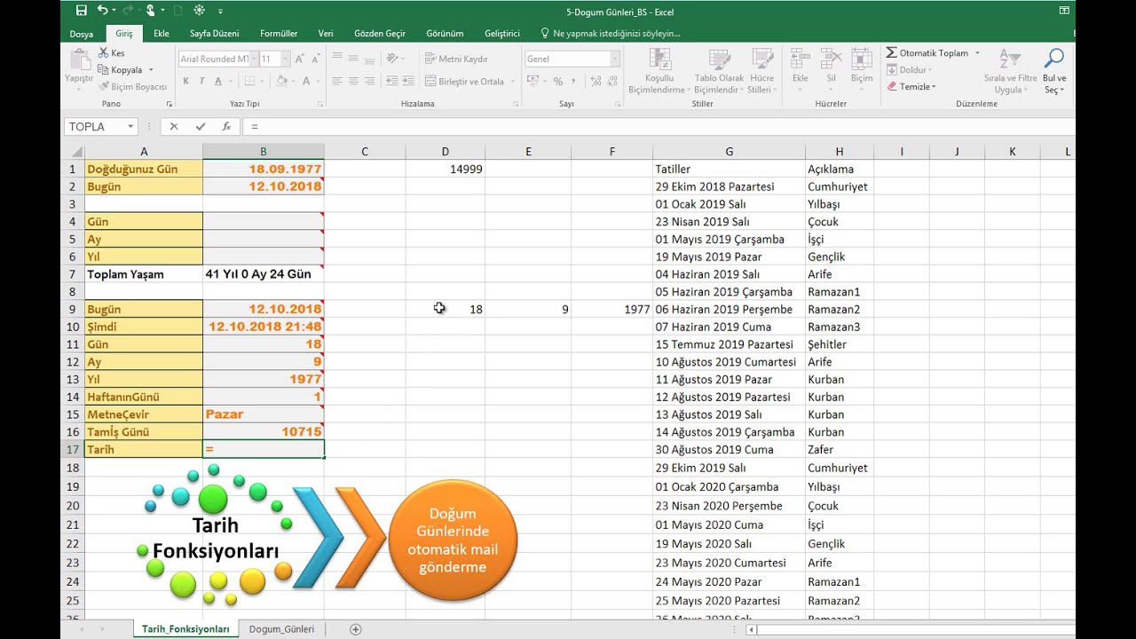 EXCEL'DE TARİH FONKSİYONLARI