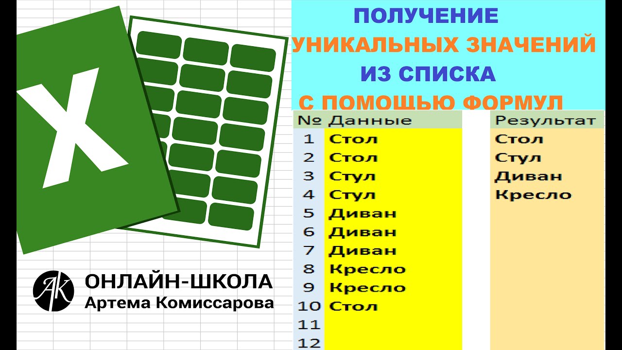 Получение уникальных значений из списка с помощью формул