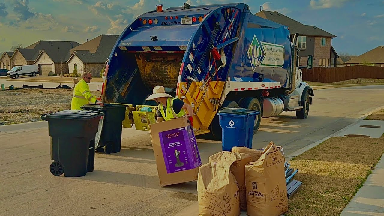 Waste Connections Peterbilt 567 McNeilus Rear Loader Garbage Truck Packing Heavy Trash + Yard Waste