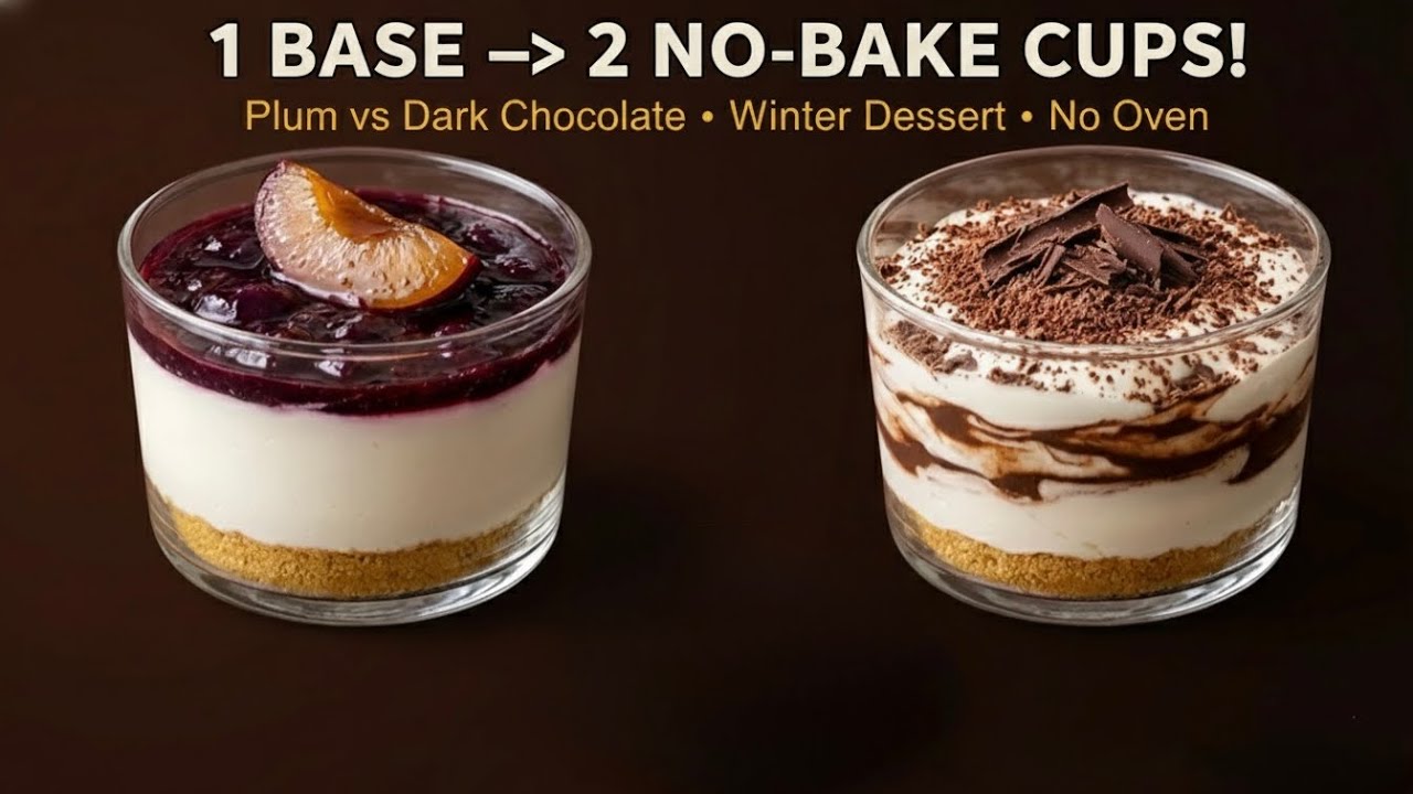 2 No-Bake Cheesecake Cups — Plum vs Dark Chocolate Swirl! (Same 6 Ingredients)