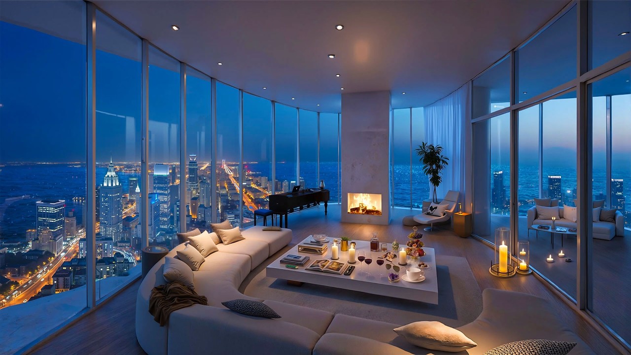 4K Calm Urban Night 🌙 Luxury Apartment with Relaxing Jazz Piano Music for Stress Relief & Focus