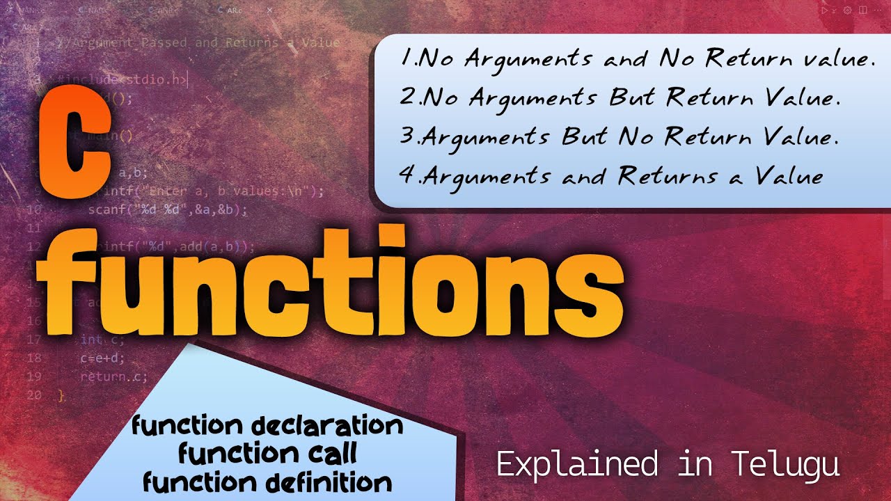 Functions in C Programming Language explained in telugu by telugutechcave
