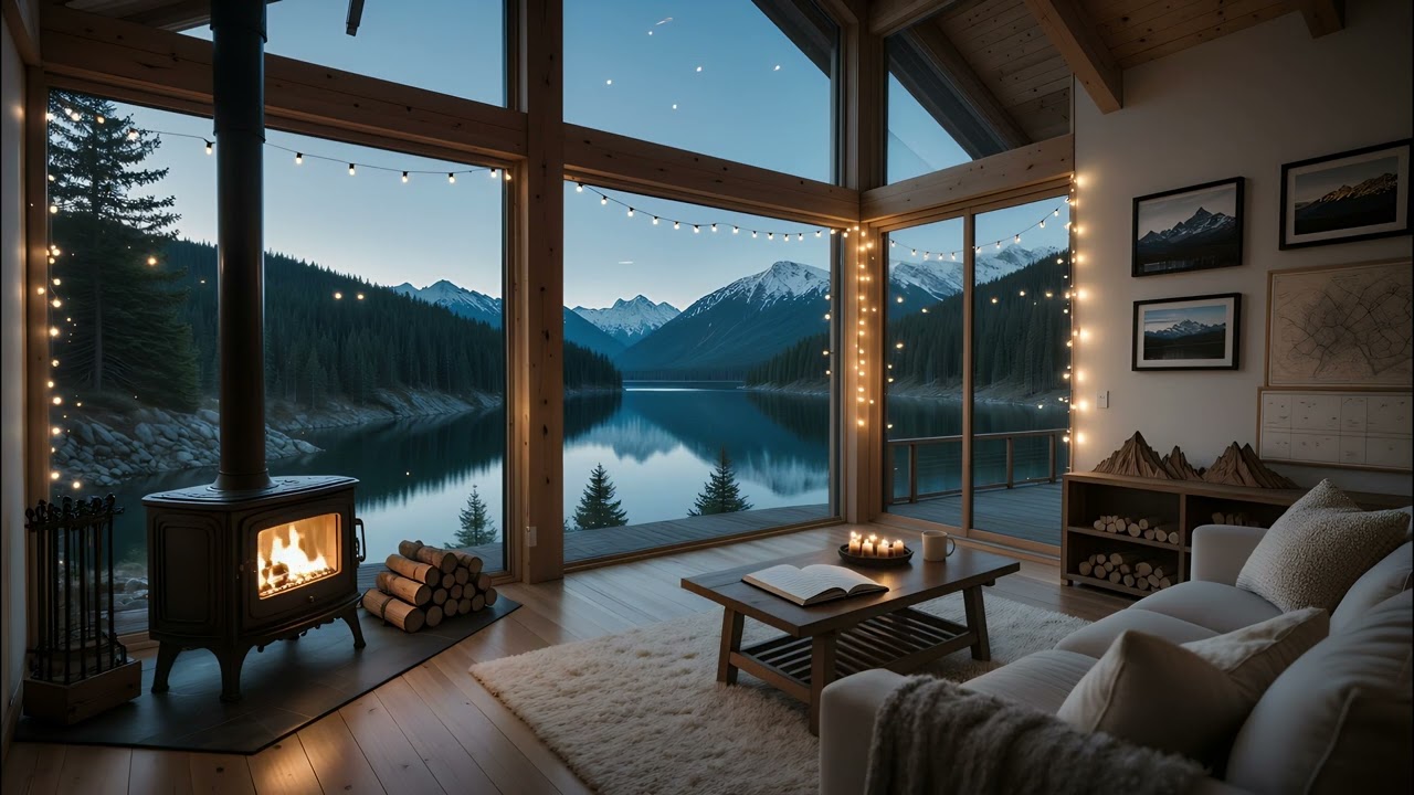 Cozy Mountain Lake Cabin Fireplace 🔥🏔️ | Calm Water, Crackling Fire & Peaceful Ambience