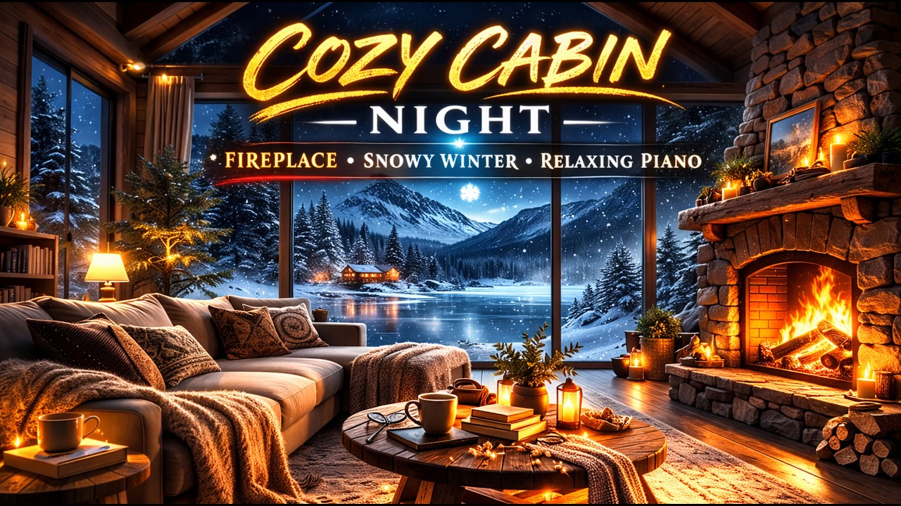 Cozy Cabin Fireplace ❄ Snowy Winter Night | Relaxing Piano & Crackling Fire