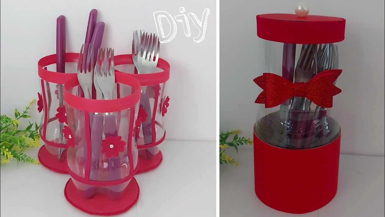 2 Ideias de porta talheres com garrafa pet ❤️