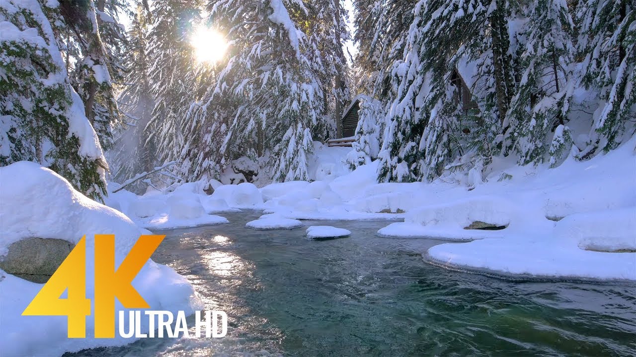 2.5 HRS - Winter Waterfall in 4K | Ambient Music & River Sounds - Franklin Falls - Snoqualmie WA