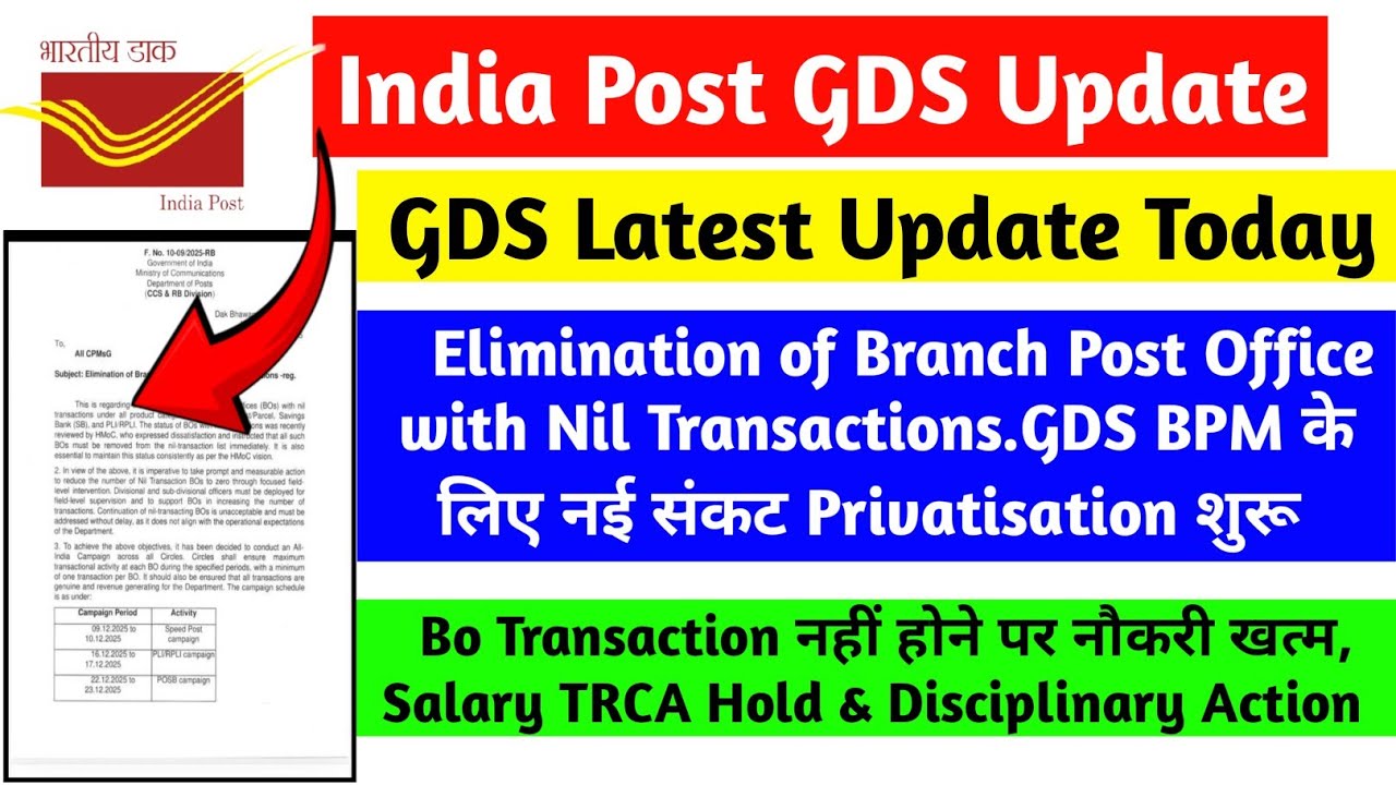 Elimination of Branch Post Office with Nil Transactions ❌😰 GDS नौकरी बचाना मुश्किल, TRCA बंद GDS का 