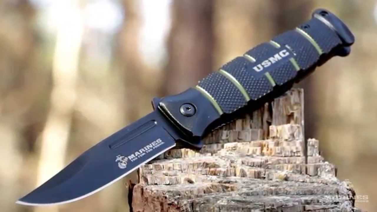 Assisted Open Black & Green U.S.M.C. Combat Knife