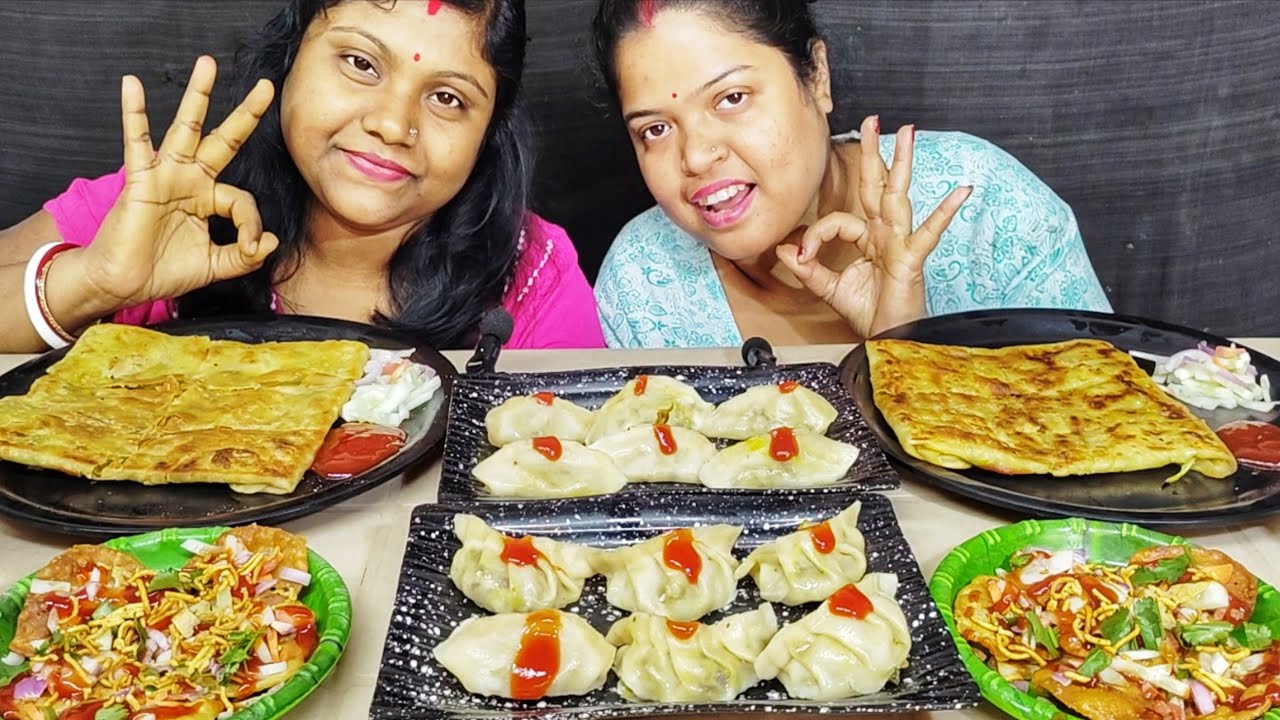 CHICKEN MOMO EGG MUGHLAI PARATHA PAPRI CHAT EATING CHALLENGE // food family & more 