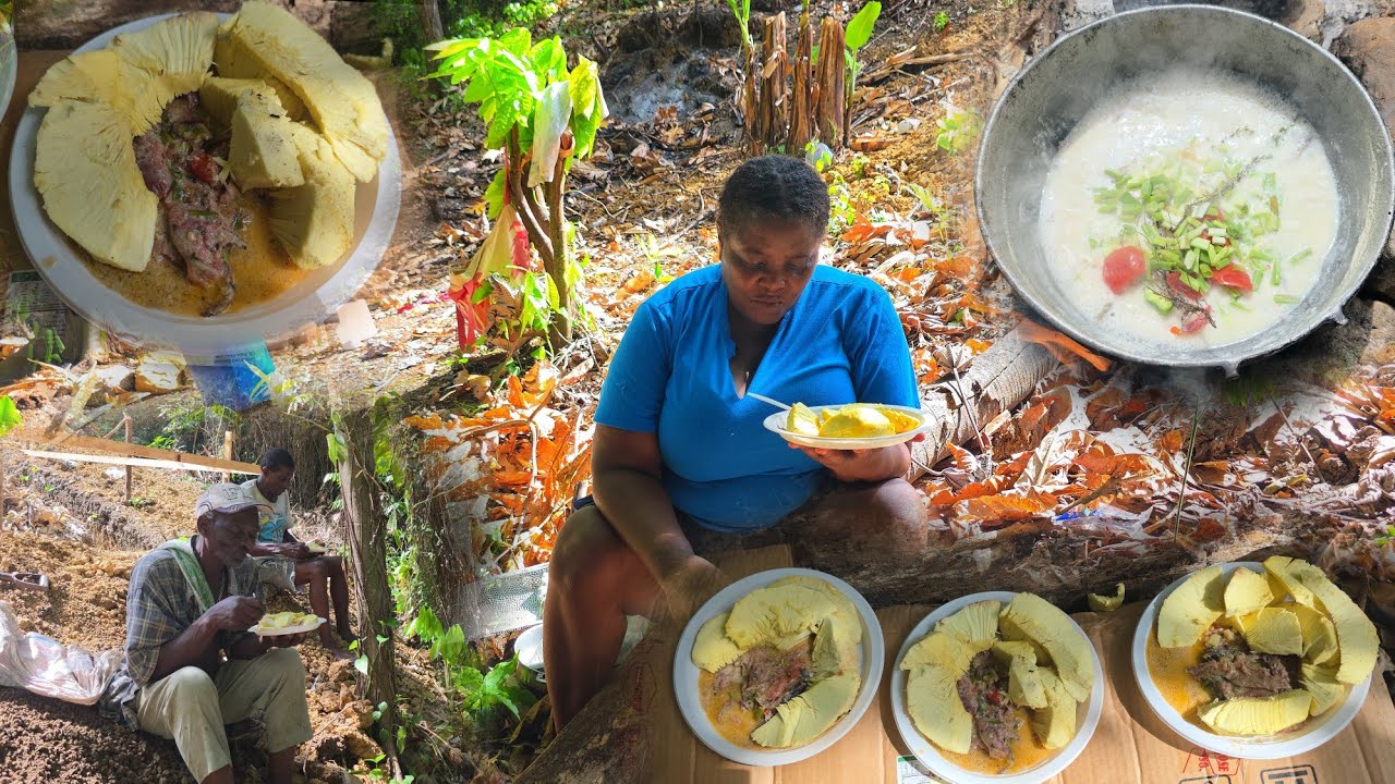Real Bush Cooking || Roast Breadfruit With Salt mackerel Run Down | Down Inna The Gully