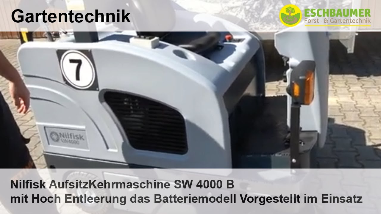 Nilfisk AufsitzKehrmaschine SW 4000 B mit Hoch Entleerung das Batteriemodell Vorgestellt im Einsatz