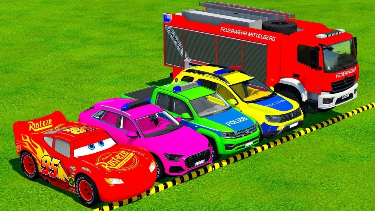 TRANSPORTING PIXAR CARS & FRUITS WITH COLORED & JOHN DEERE vs CLAAS vs TRACTORS - BeamNG.drive #983