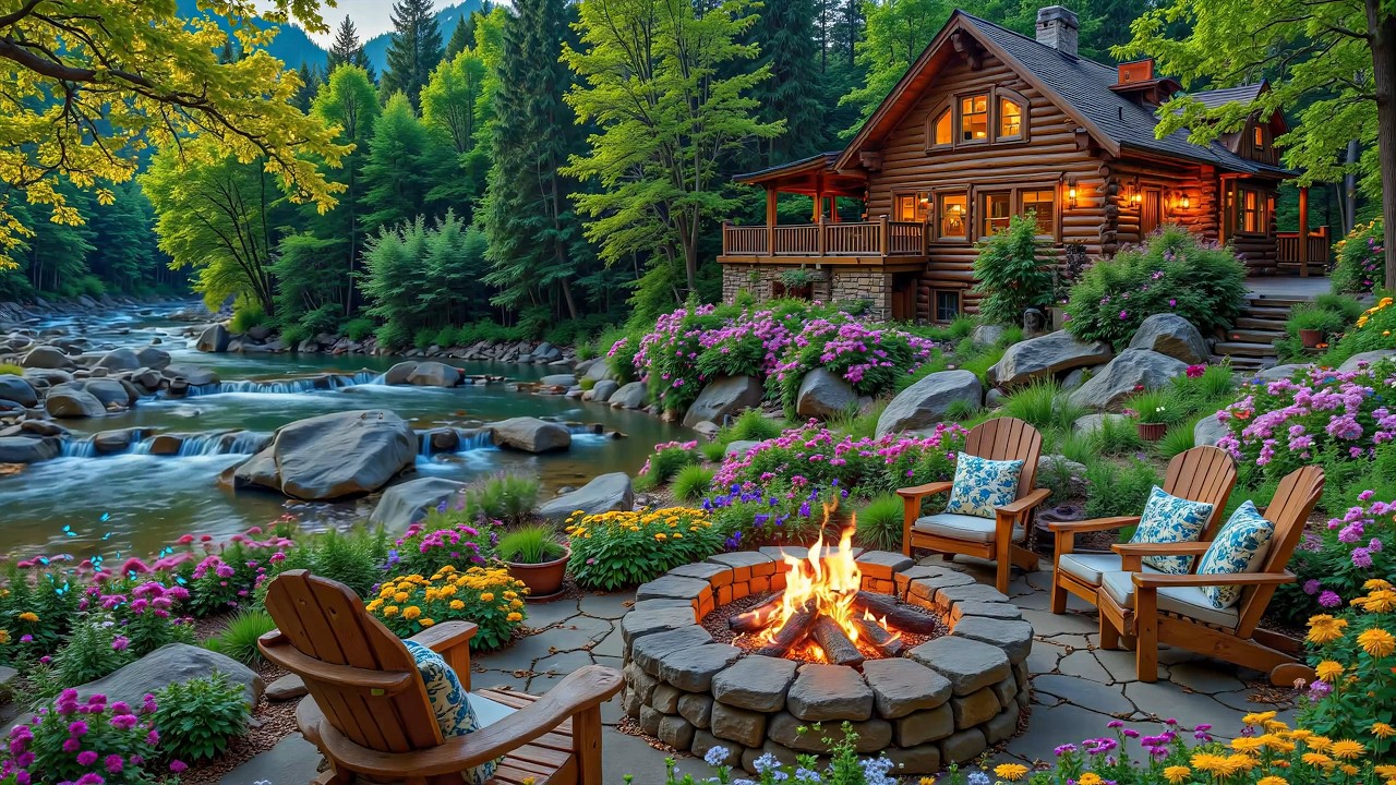 Soothing Spring Piano Music 🌺️🔥 Relaxing Fireplace Ambience lakeside Cabin in Woods
