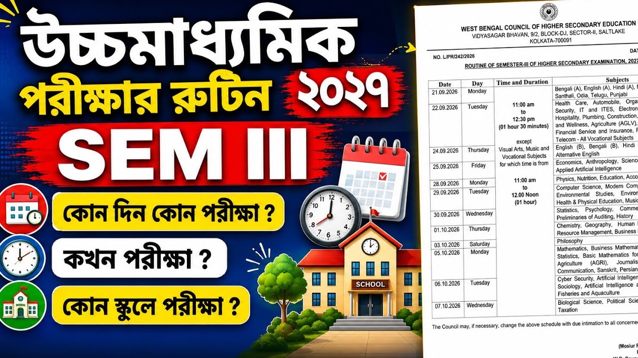 HS 2027 SEM III exam routine || Class 12 3rd semester exam schedule 2027 ||