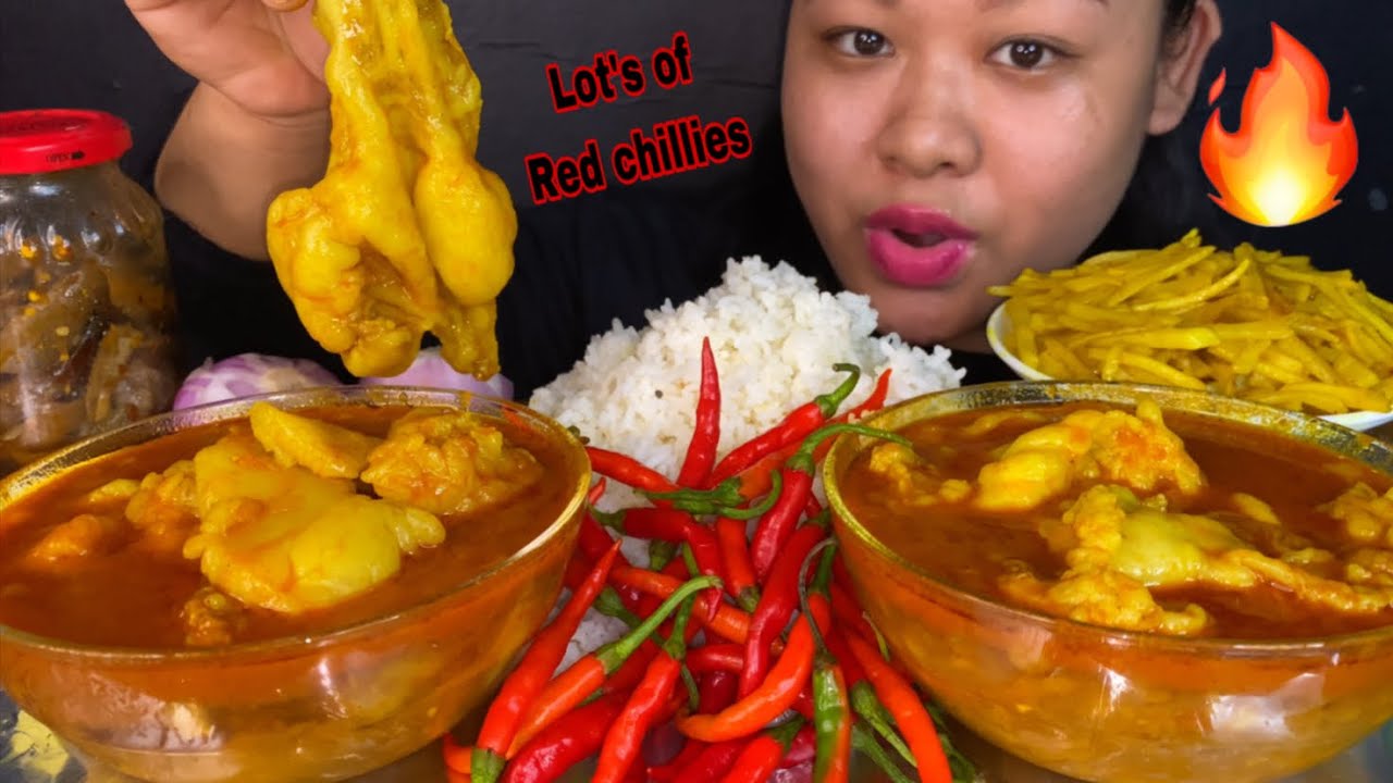 2 FULL BOWL OF SPICY GHUGNI MUTTON FAT CURRY, 🌶LOTS OF HOT RED CHILLIES, ALU BHAJI MUKBANG BIG BITES