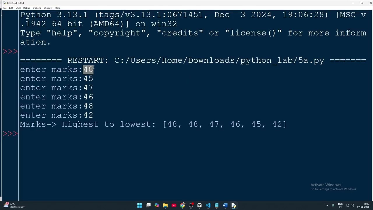 Python Program to Sort Marks Using Bubble Sort | VTU Question | 1BPLC105B | 5th Program