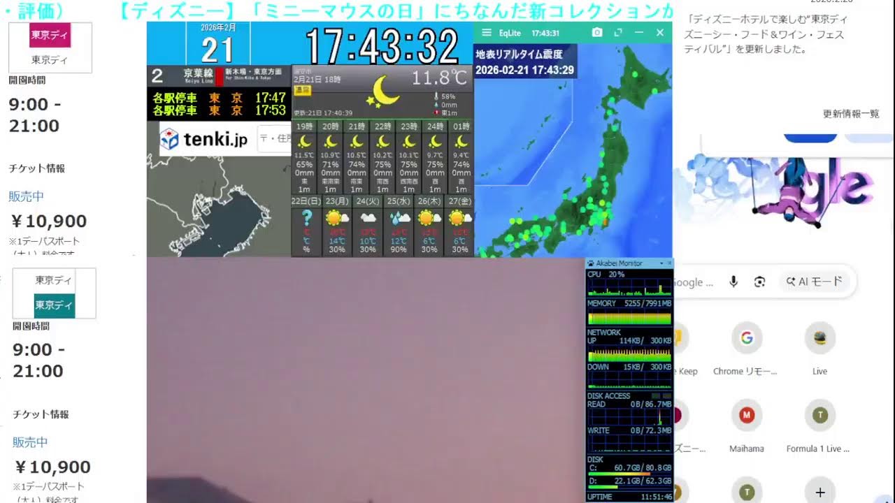【 ディズニーライブカメラ  DisneyLiveCam 】スカイ・フル・オブ・カラーズ スカカラ 花火 舞浜 浦安 天気 地震 鉄道 飛行機 ディズニーランド ディズニーシー 【舞浜ライブカメラ】