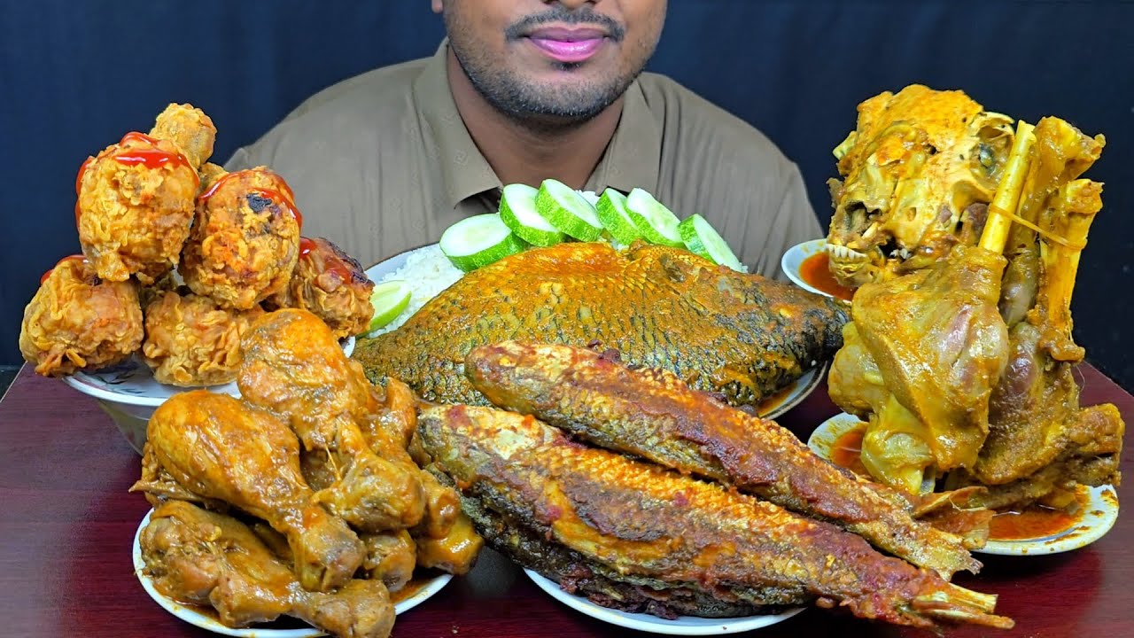 Eating Spicy Whole Fish Curry,Mutton Leg,Chicken Leg Picec,Fish Fry,Goat Head With Rice || Asmr Show
