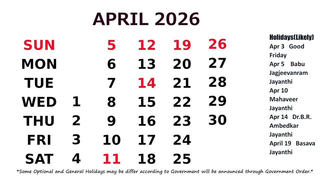 April Calendar 2026