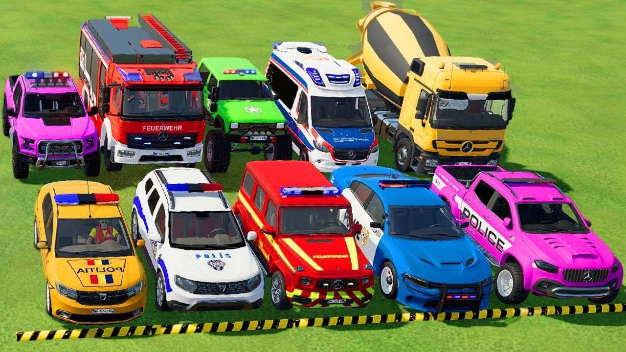 TRANSPORTING POLICE CARS, AMBULANCE, FIRE TRUCK, COLORFUL CARS WITH TRUCK -FARMING SIMULATOR 22!