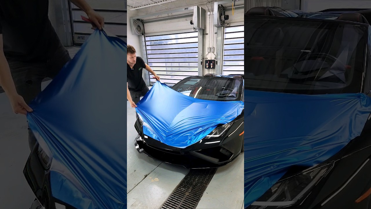 Wrapping the hood on this Lamborghini Huracan Evo in Matte Iced Blue Titanium #lamborghini  #asmr