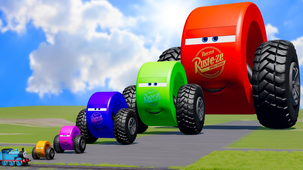 Big & Small Colors Monowheel Lightning Mcqueen with Monster Truck Wheels vs Trains | BeamNG.Drive