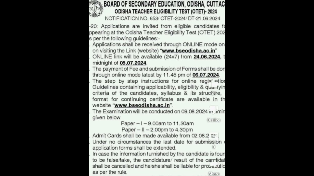 OTET Exam Date and Formfillup details 2024