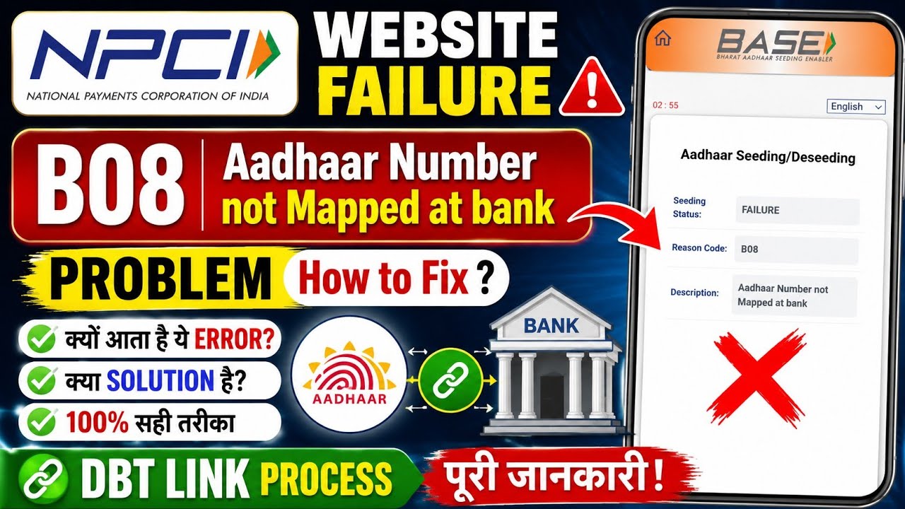 NPCI Website FAILURE B08 Aadhaar Number not Mapped at bank Problem | Aadhaar Seeding Problem