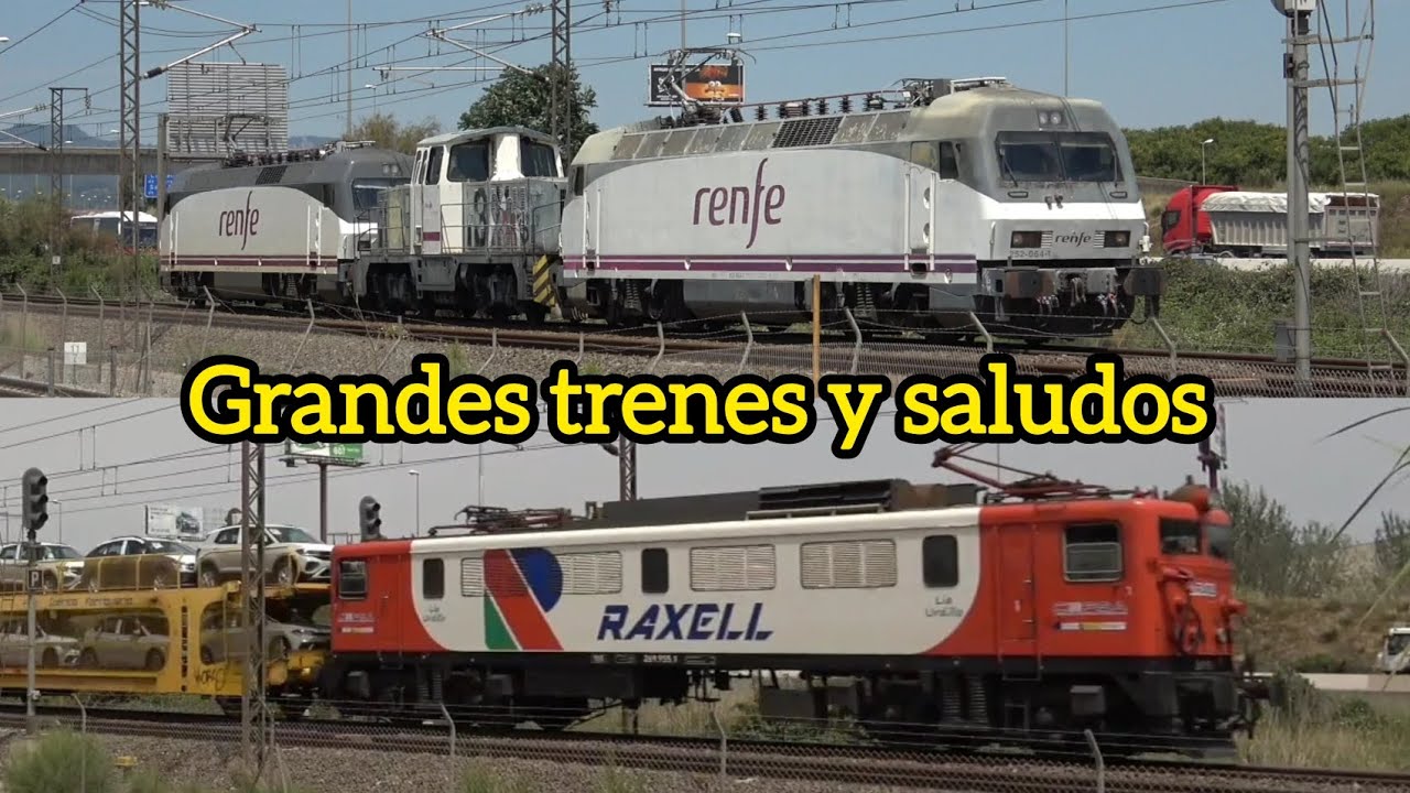 Grandes trenes de mercancías. Transfesa/DB, Captrain, Renfe, loc. Raxell y saludos de maquinistas.