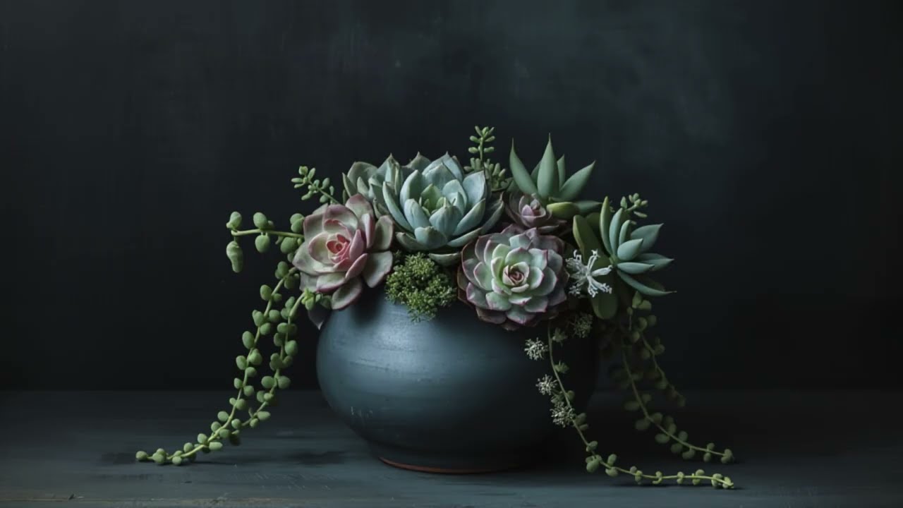 TV ART - SUCCULENTS IN BLUE PLANTERS - 1HR ART INCLUDING PIANO MUSIC 4K NO FRAME OIL PAINTING