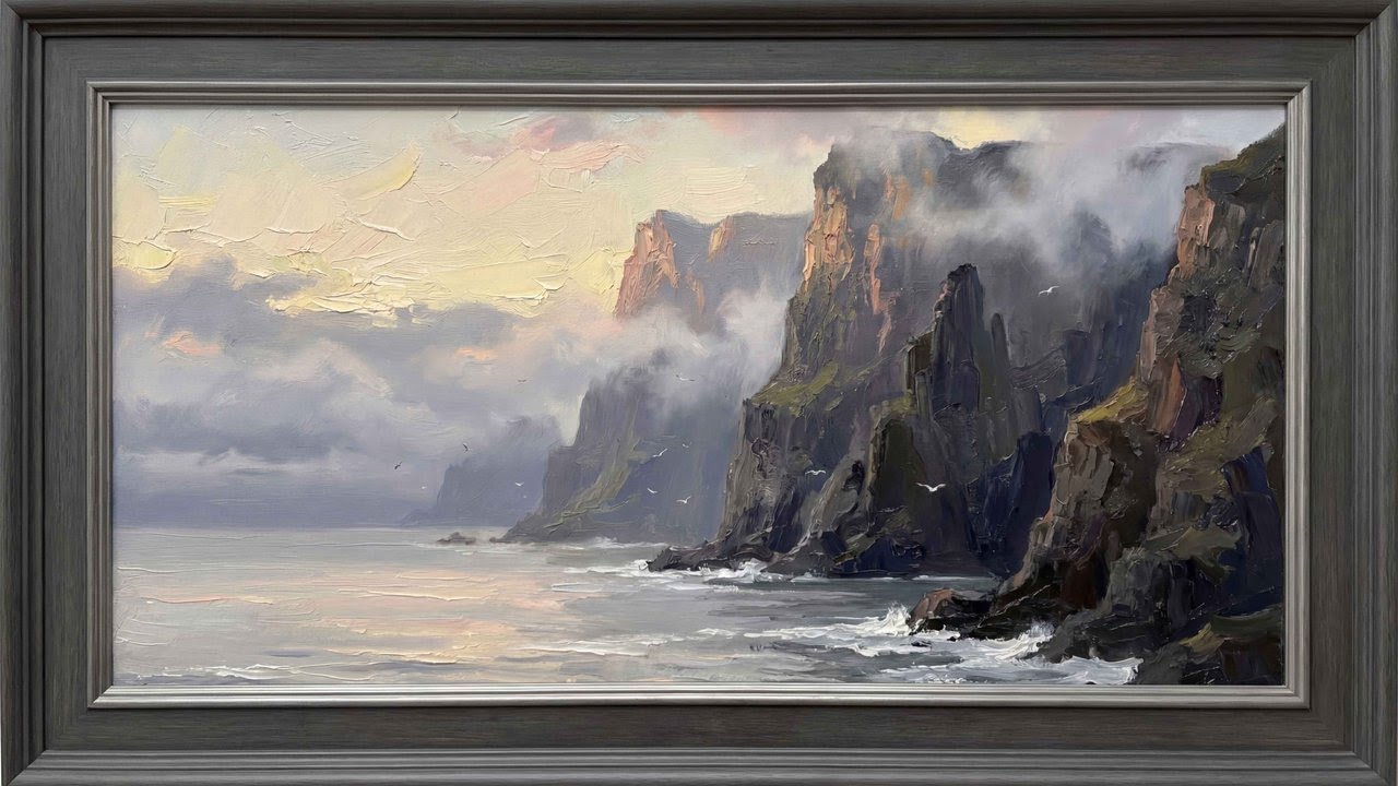 Sea Cliffs at Dawn — Misty Coastal Cliffs & Morning Light | Oil Painting | 4K TV Art | 8 Hours