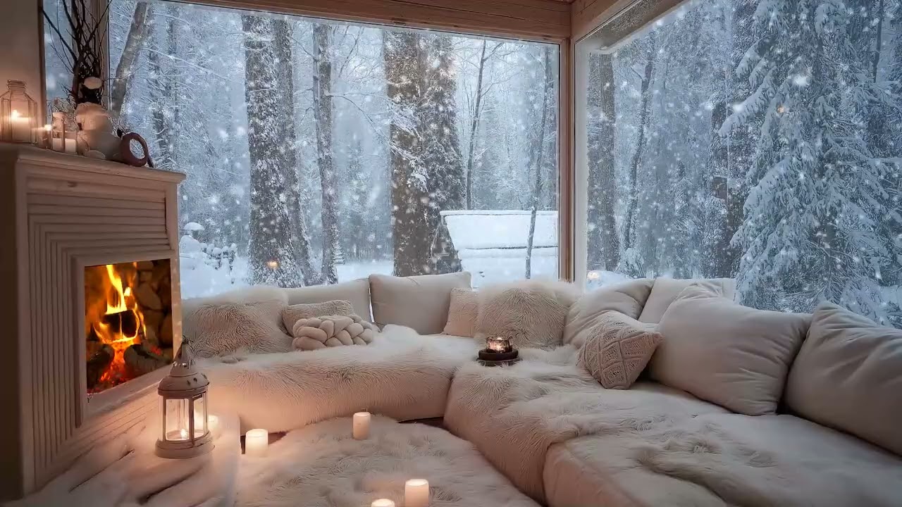 Relaxing Winter Piano Lounge | Cozy Fireplace Indoors & Snow Outside | Study Work Focus Meditation