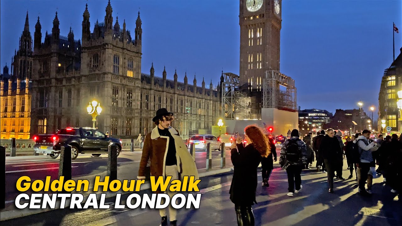 Walk from London's Trafalgar Square to Westminster Bridge, passing Big Ben before sunset 🌇
